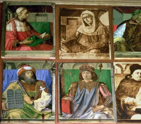 The Study of Federigo da Montefeltro, Duke of Urbino, clockwise from TL: Cicero, Roman orator; Seneca, Roman Stoic philosopher; Homer, Greek epic poet; St.
